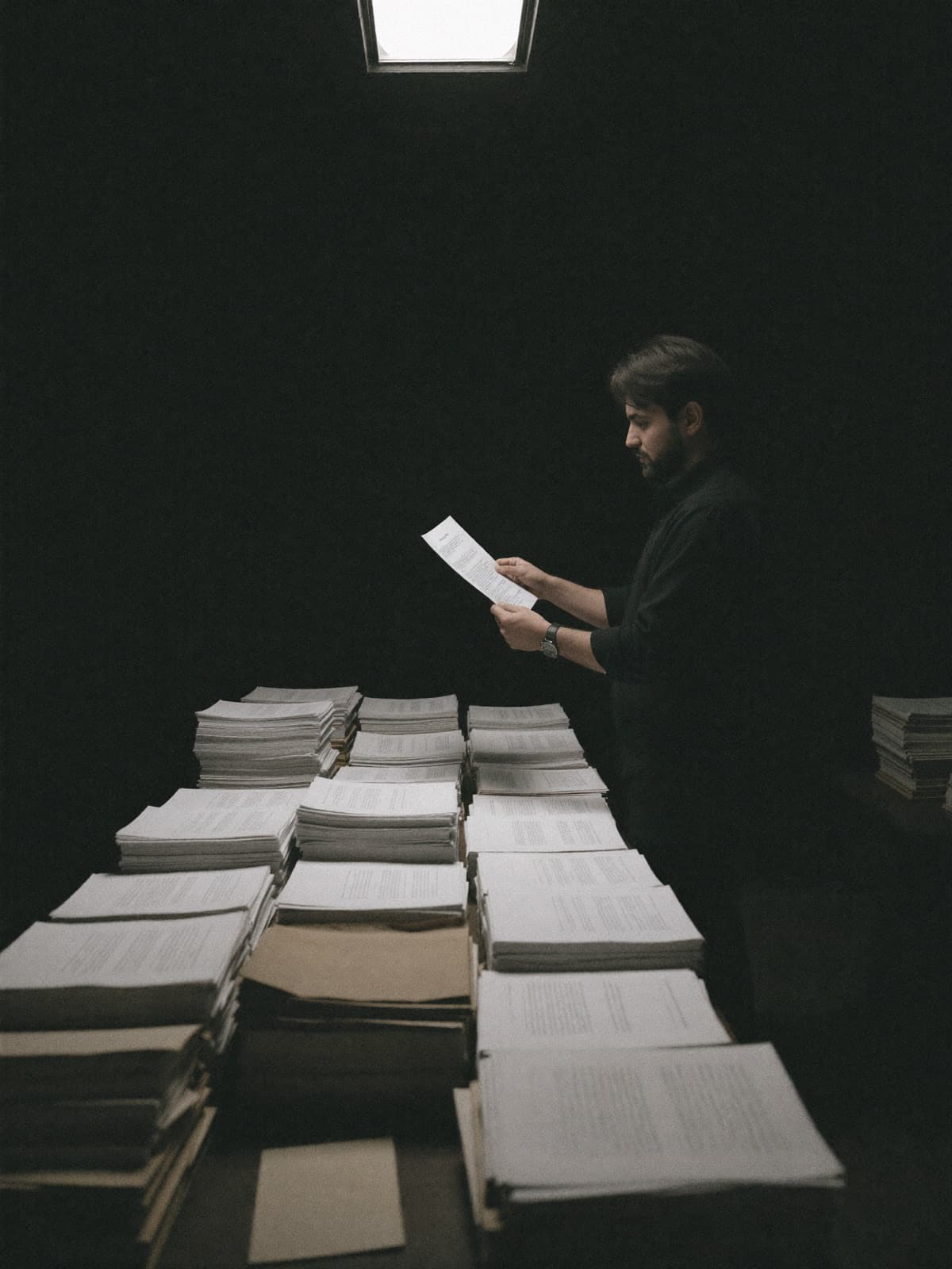 Noe Nei reviewing stacks of printed work