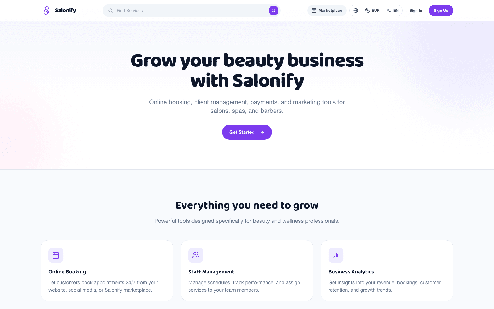 Salonify for business landing page
